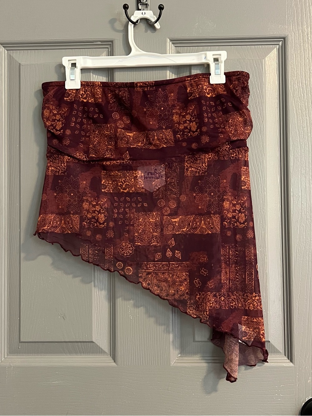 Asymmetrical Tube Top Burgundy Patchwork Print Paisley Sheer Party Romantic